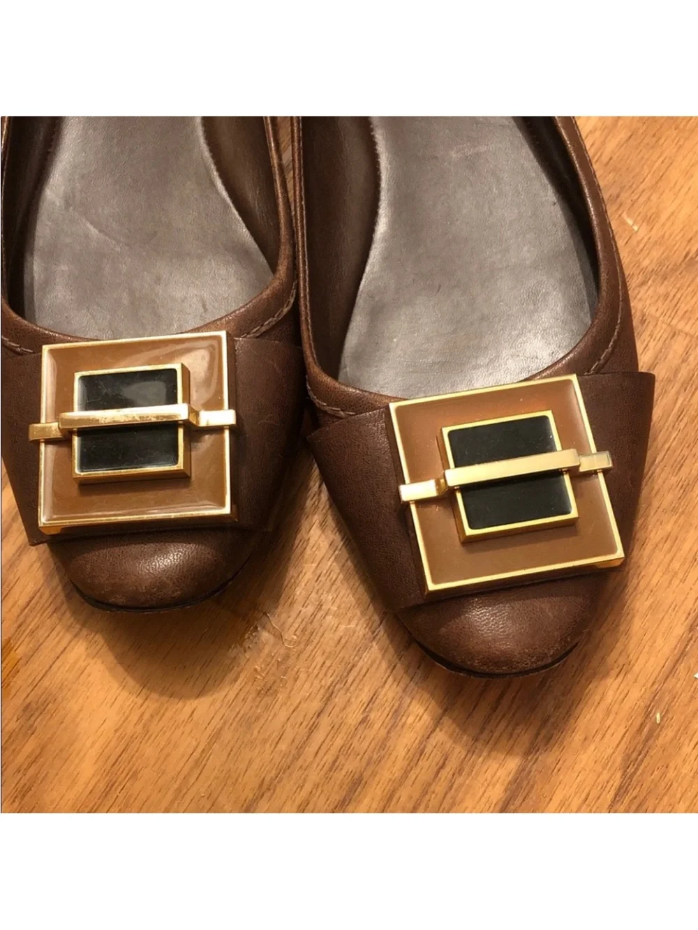 Tory Burch Brown Leather Ballet Flats with Gold Buckle Accent